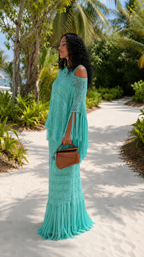 Aqua crochet one-shoulder fringe maxi cover-up set side view