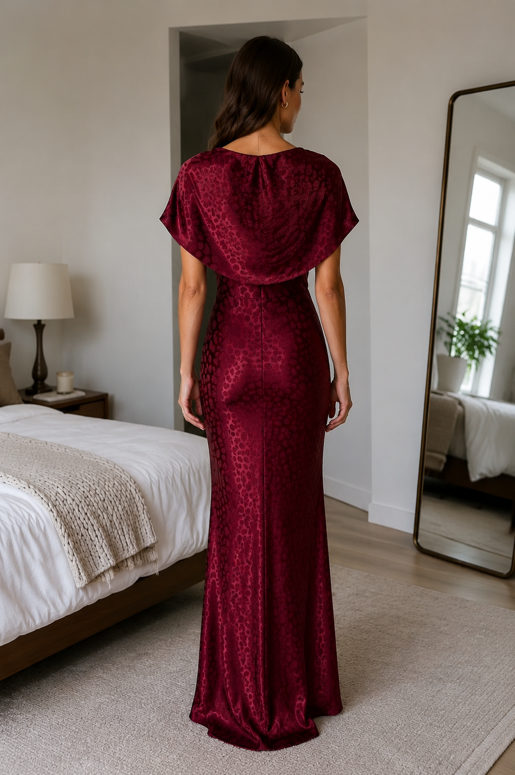 Back view of burgundy satin-look jacquard maxi dress with draped upper back detail