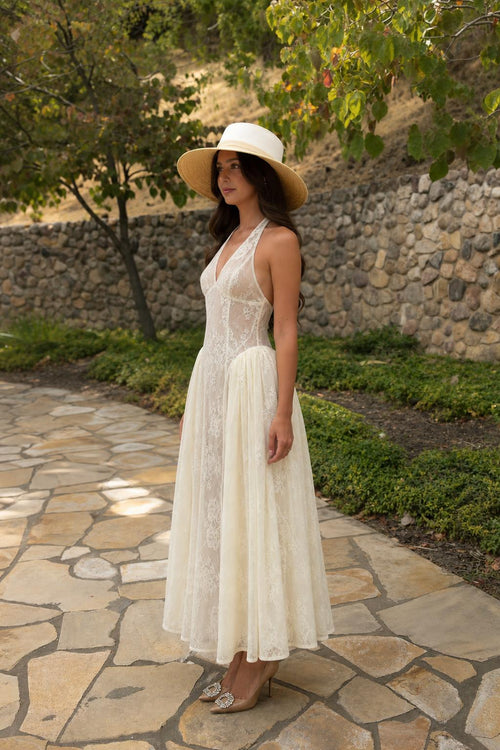 Side profile view of Cream Halter Lace Maxi Dress