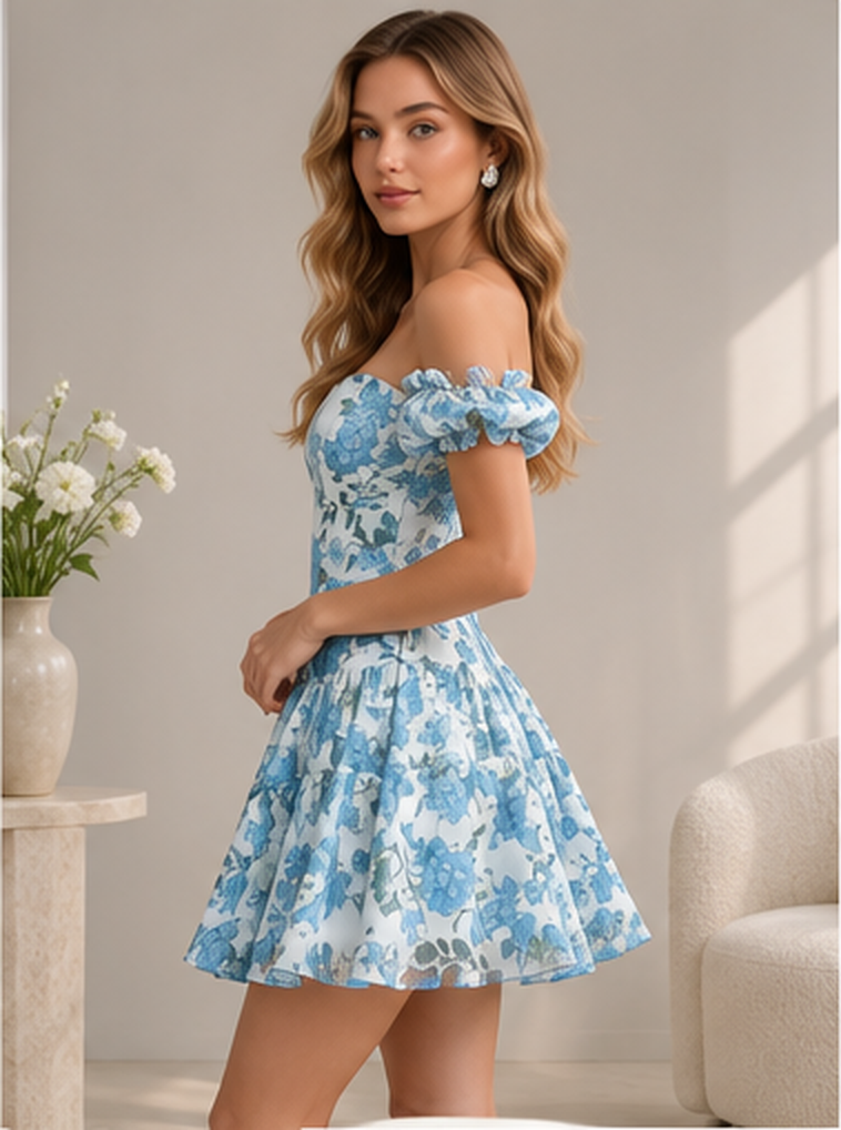 Side view of sky blue off shoulder floral fit and flare mini dress