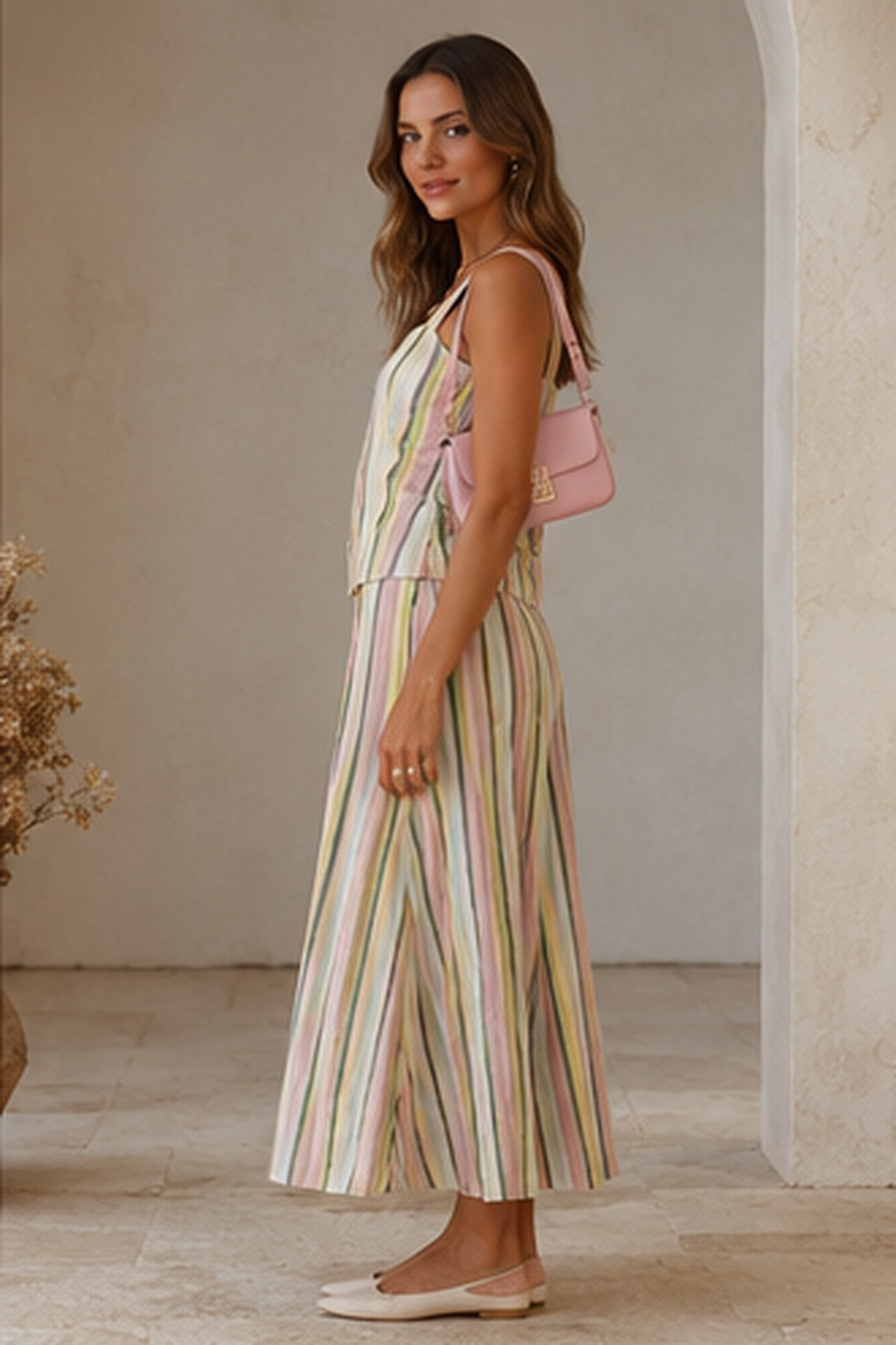 Side view of pastel striped sleeveless top and flowy wide-leg pants set