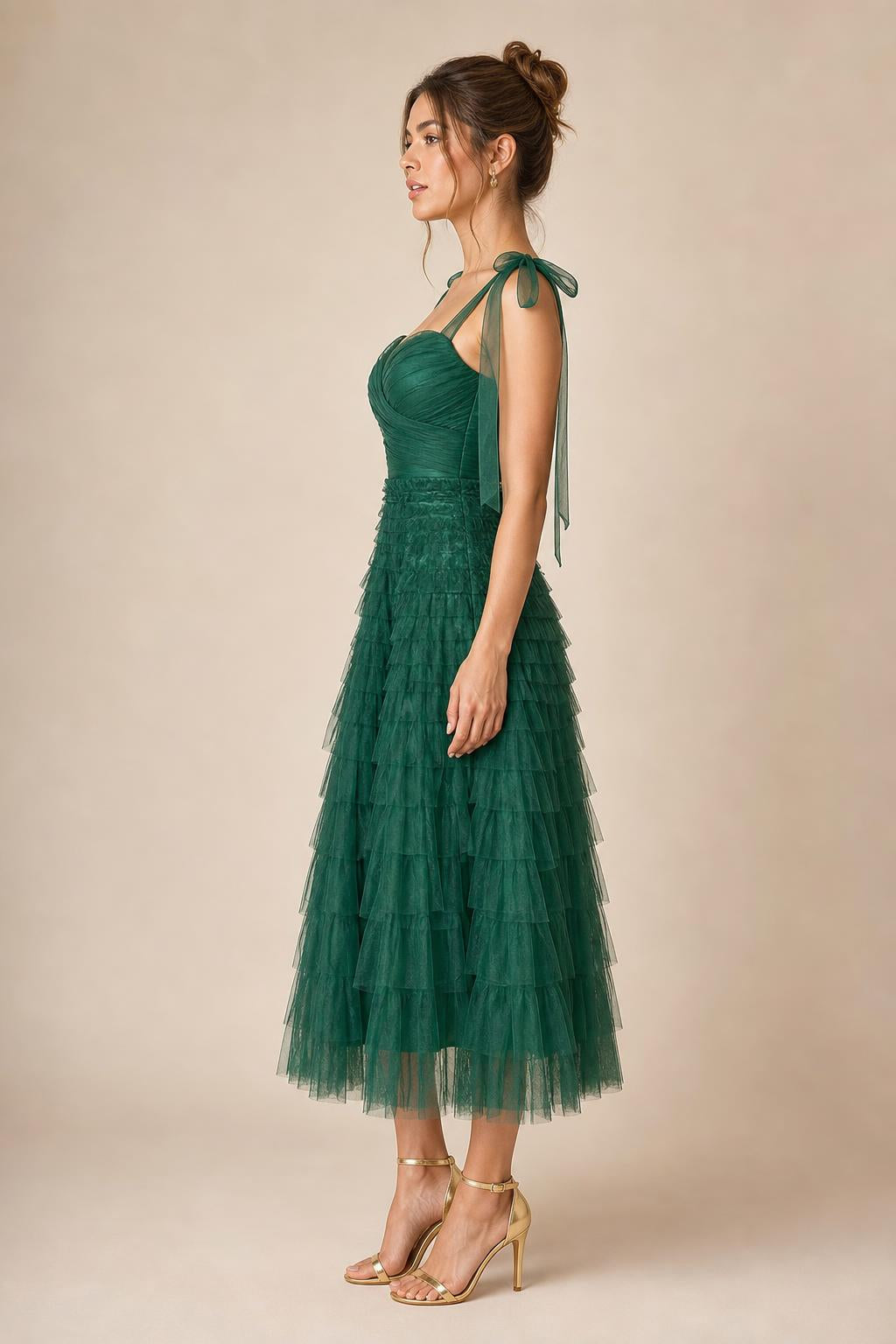 Ethereal Tiered Tulle Midi Dress in Emerald Green side profile