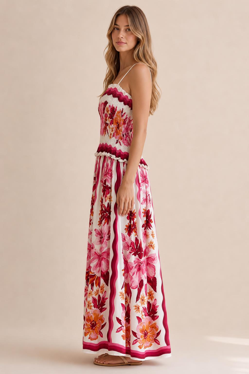 Side profile view of floral print maxi dress