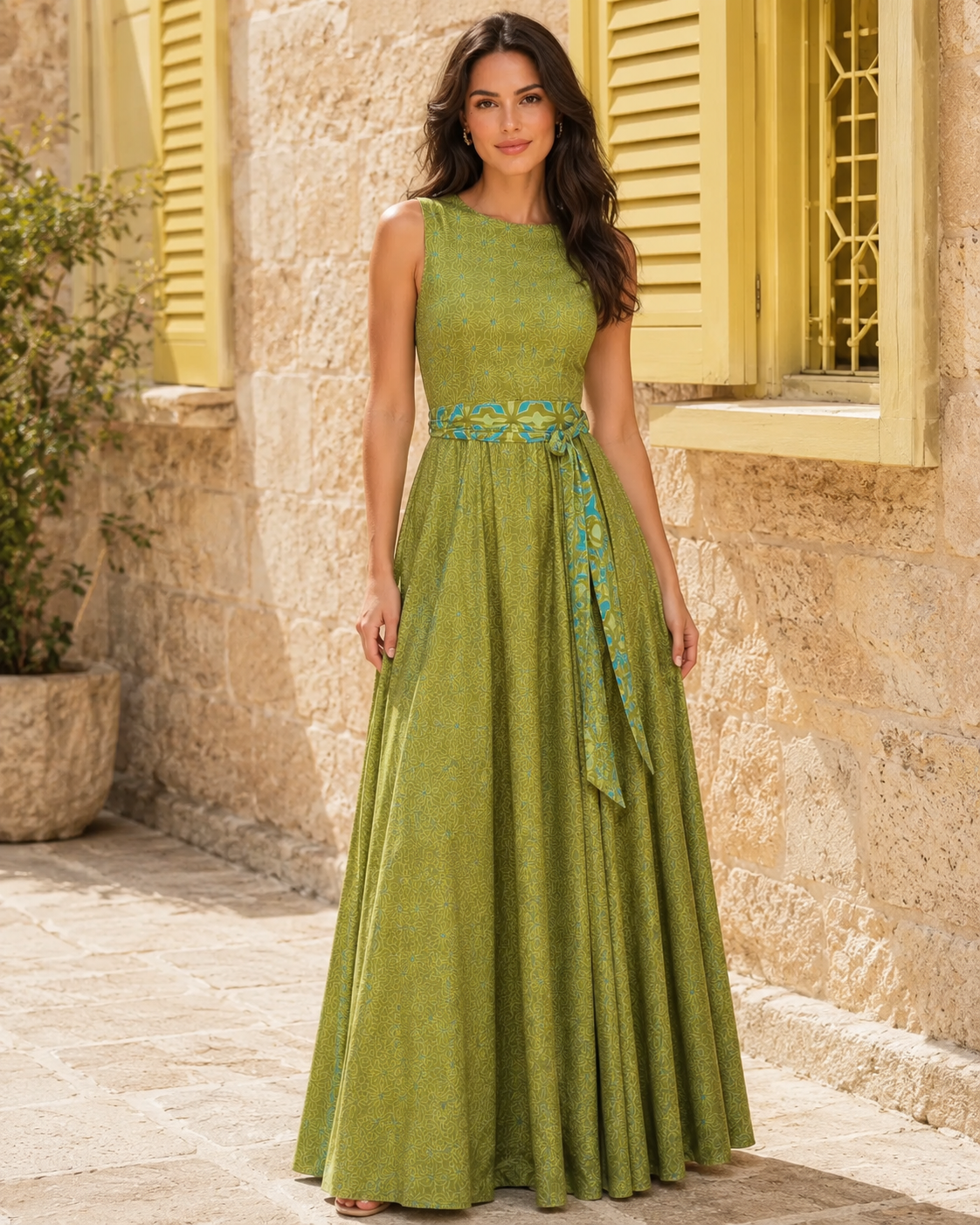 Front view of olive green sleeveless maxi dress with round neckline and waist tie