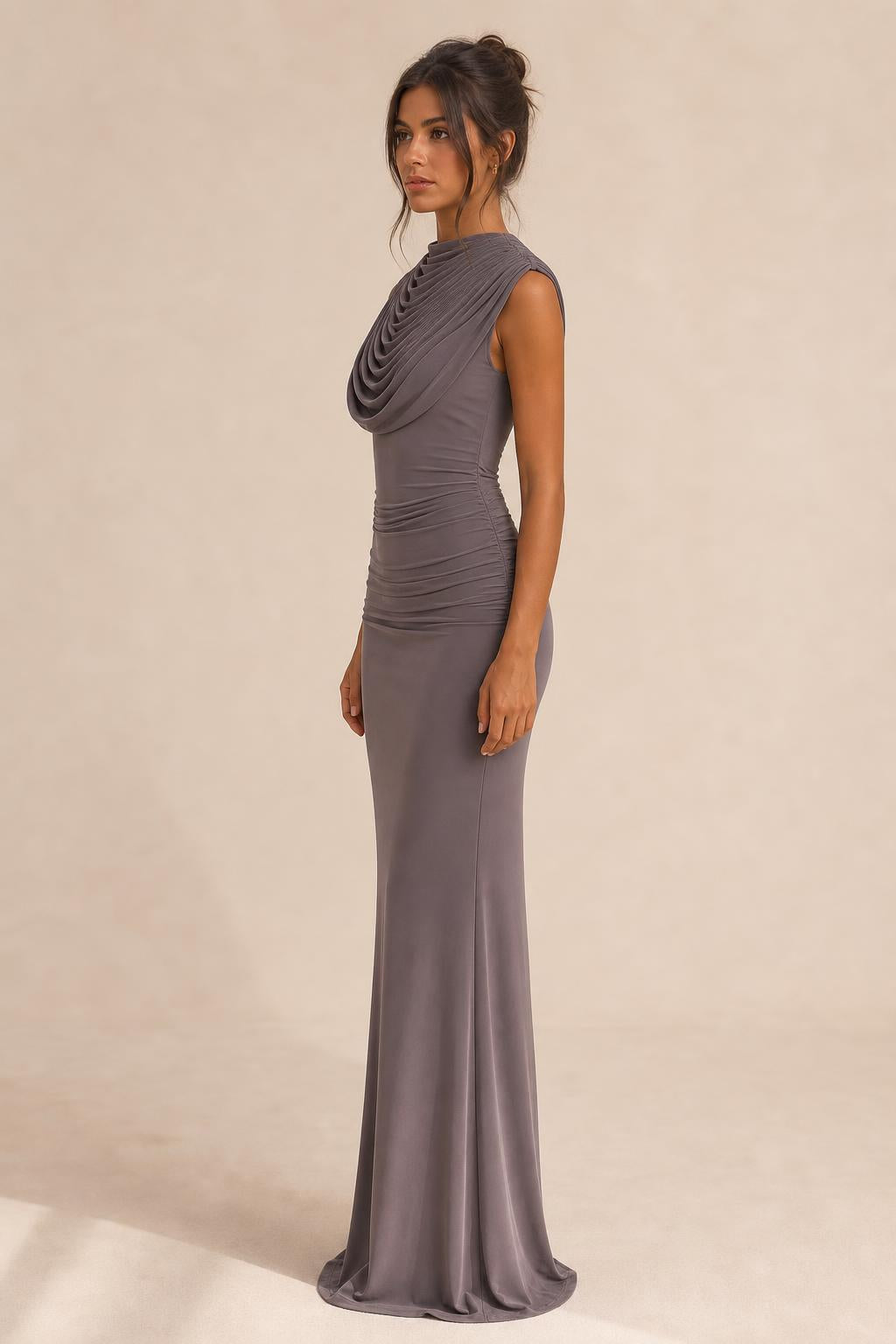 Side profile view of charcoal maxi dress