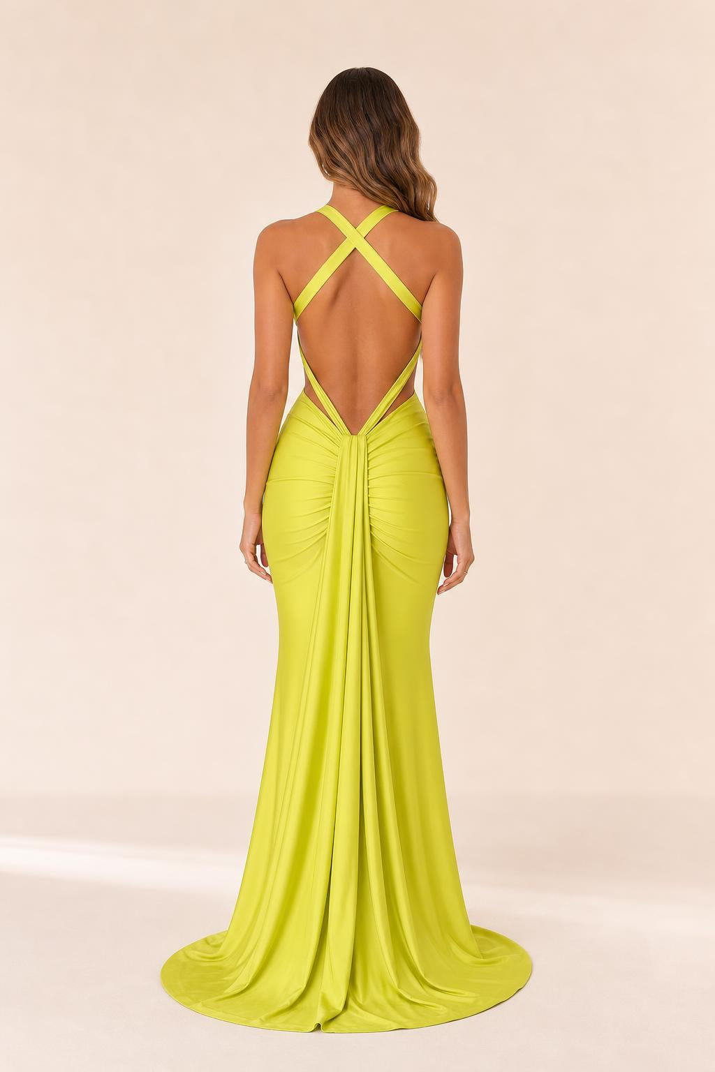 Back view showing criss-cross straps of yellow maxi dress