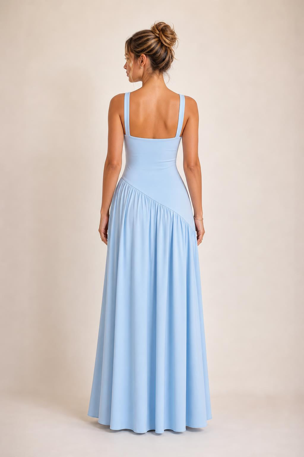Back view of light blue evening gown