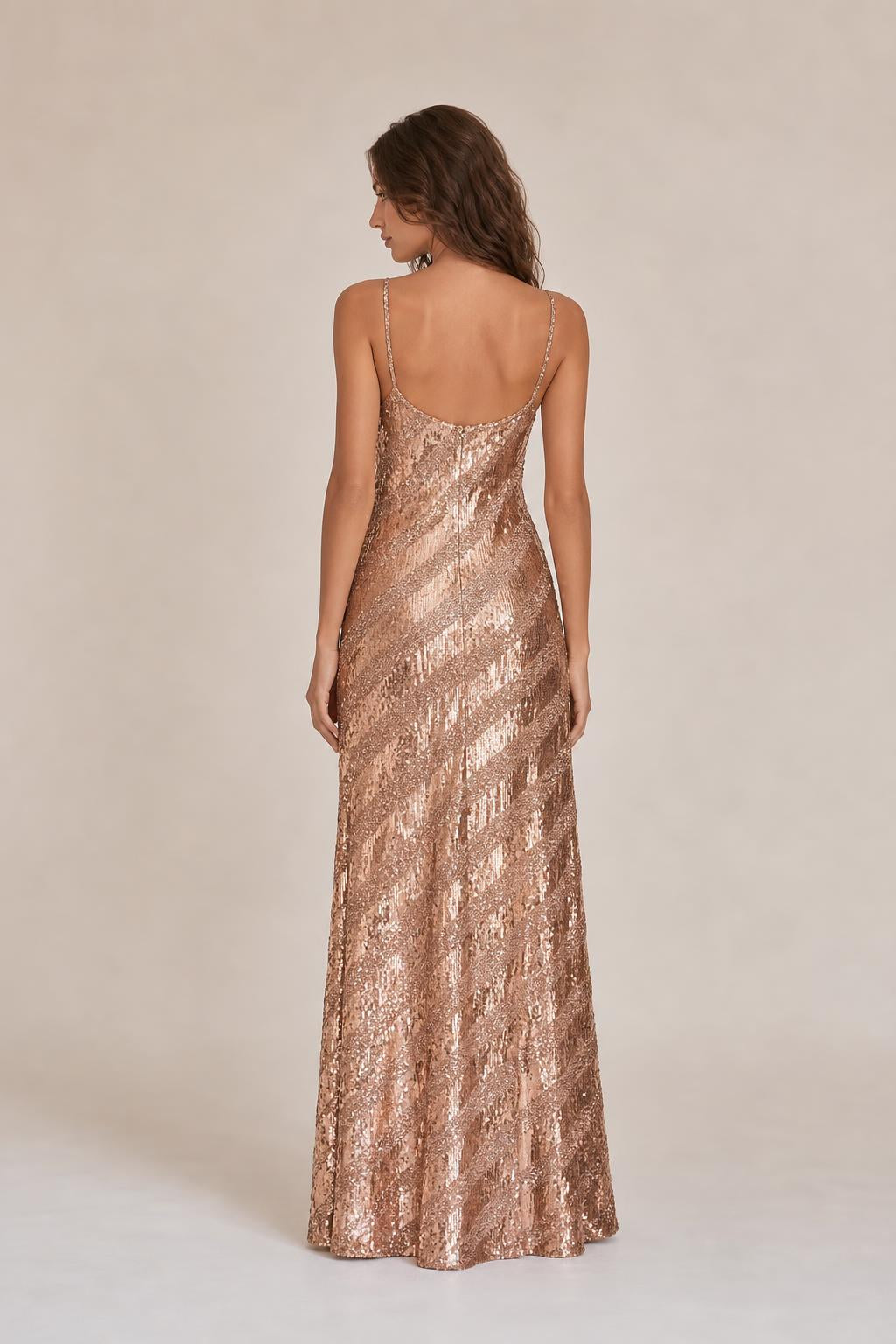 Back view of model in Rose Gold evening gown