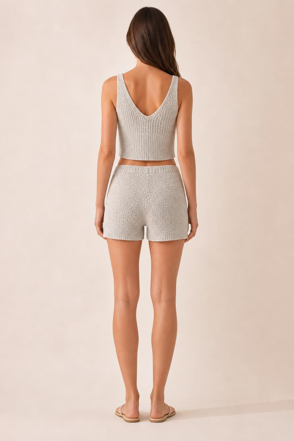 Back view of light grey knit lounge set