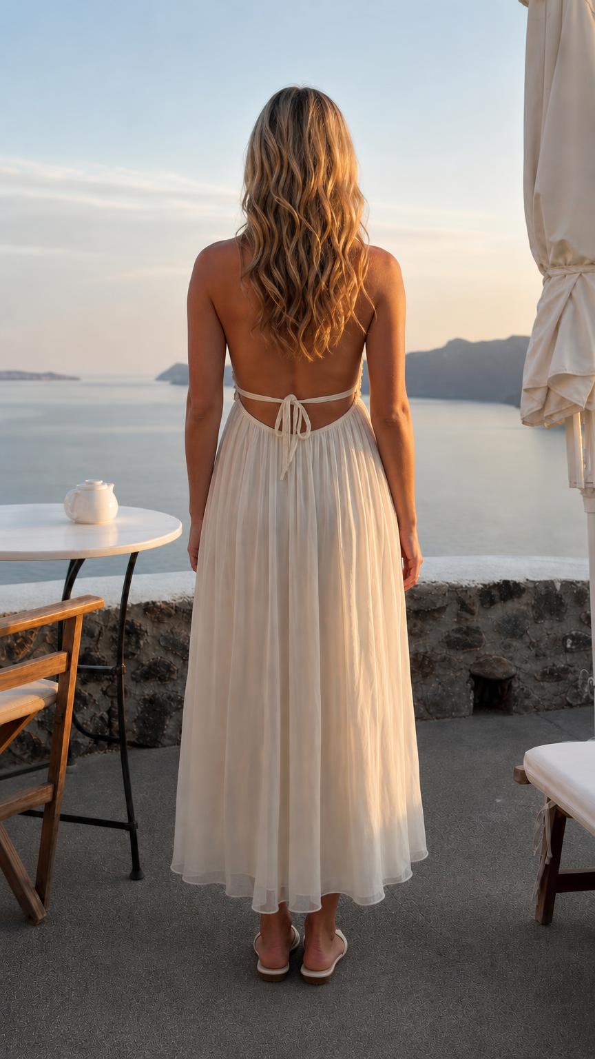 Back view showing open back and tie detail of ivory maxi dress