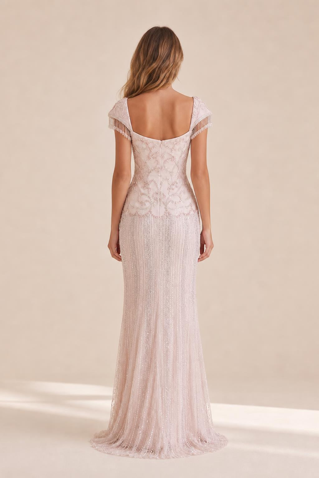 Back view of the blush evening gown