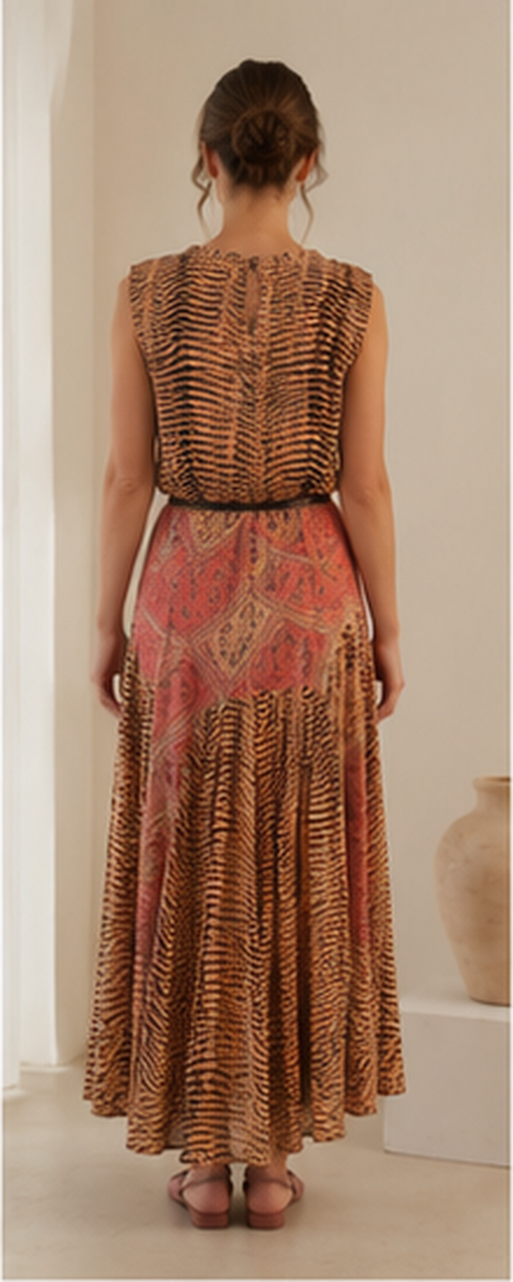 Back view of the flowing printed sleeveless midi dress