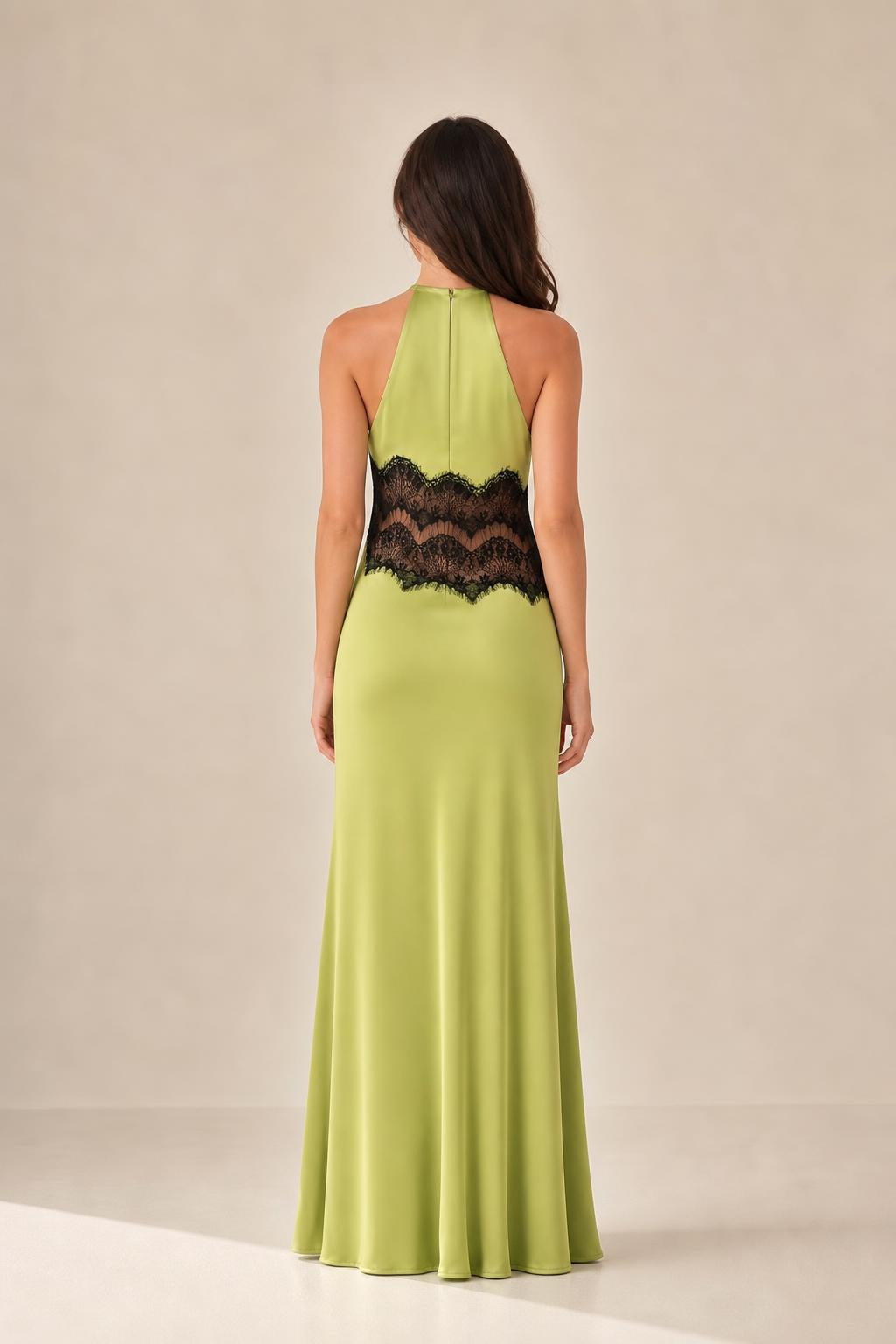 Back view of chartreuse halter maxi dress