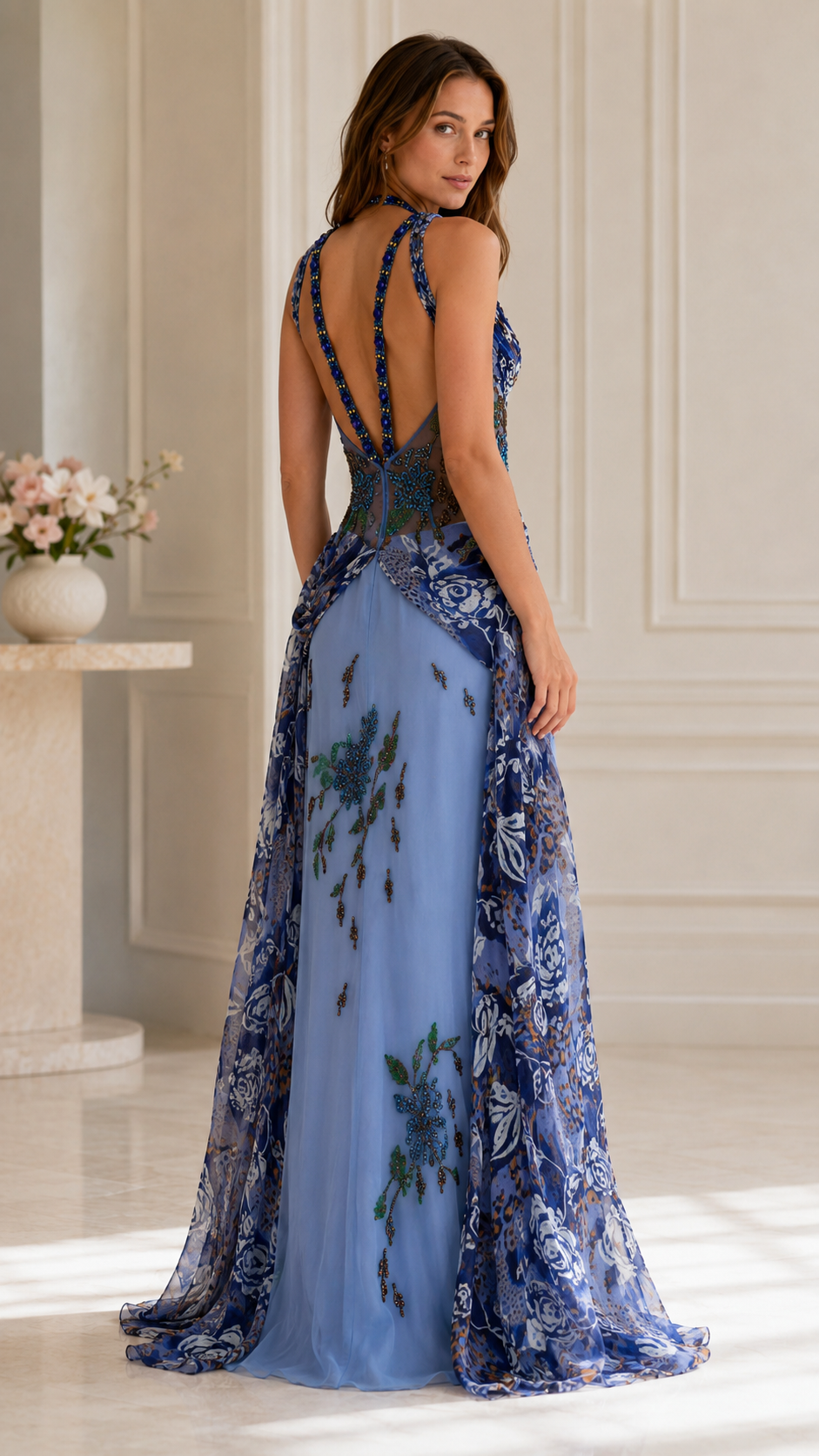 Back view of dusty blue evening gown with open back straps and flowing sheer train effect