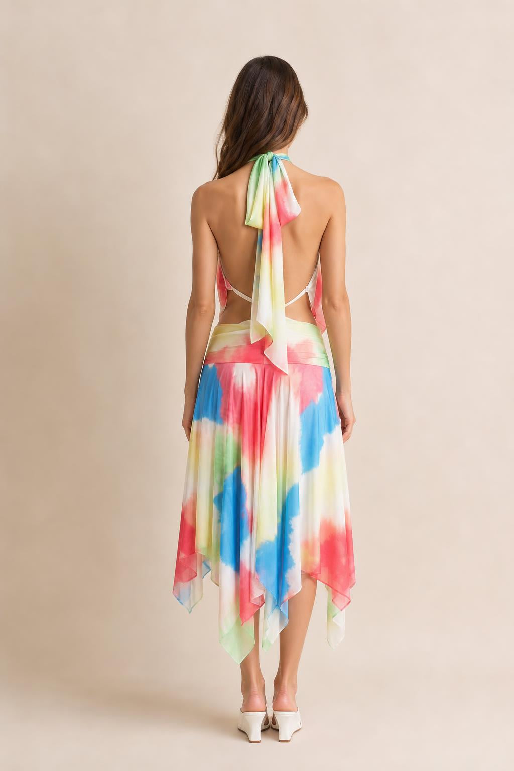 Back view showing halter neck tie and open back details