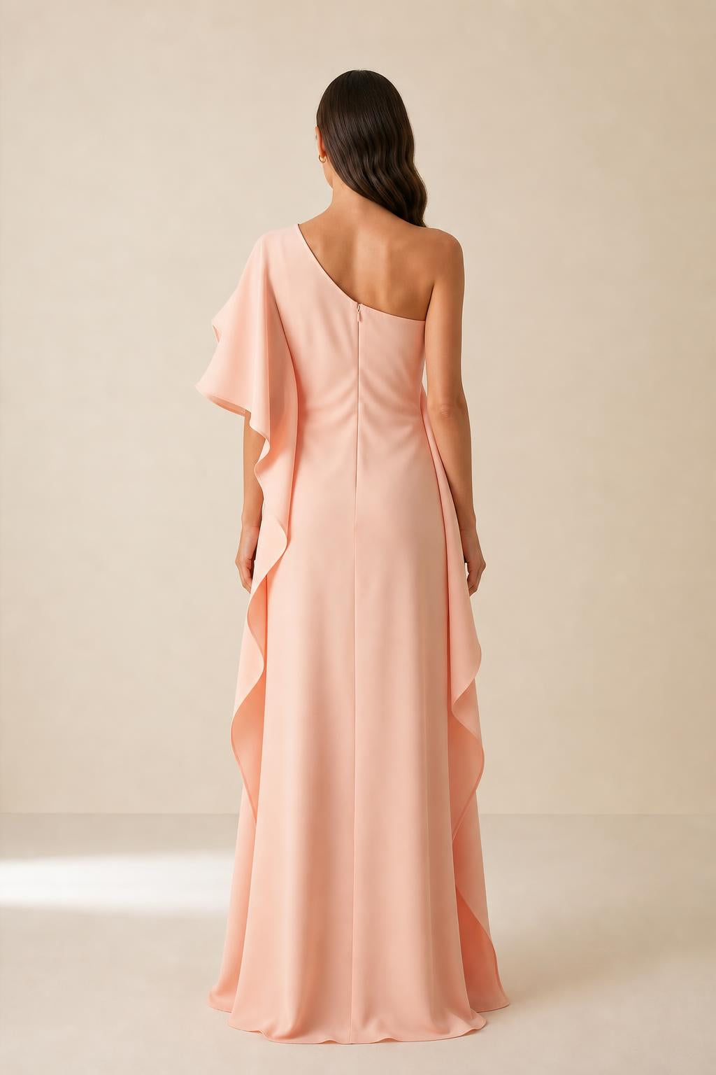 Back view of peach one-shoulder ruffle maxi dress