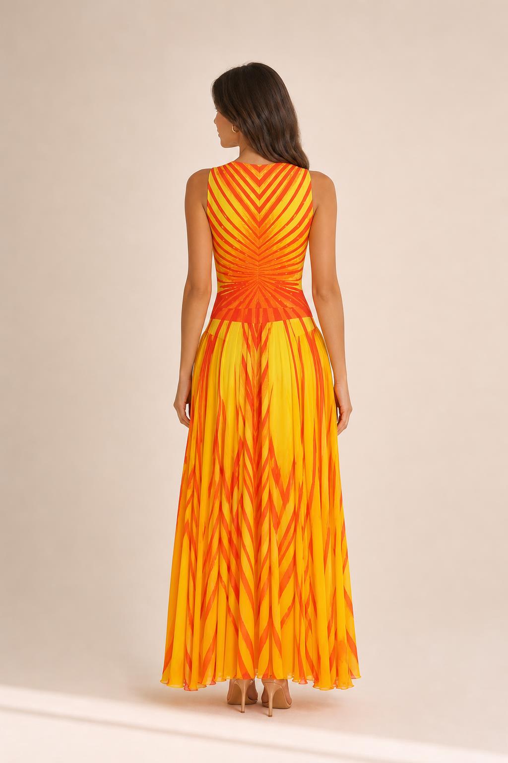 Back view of yellow pleated maxi dress