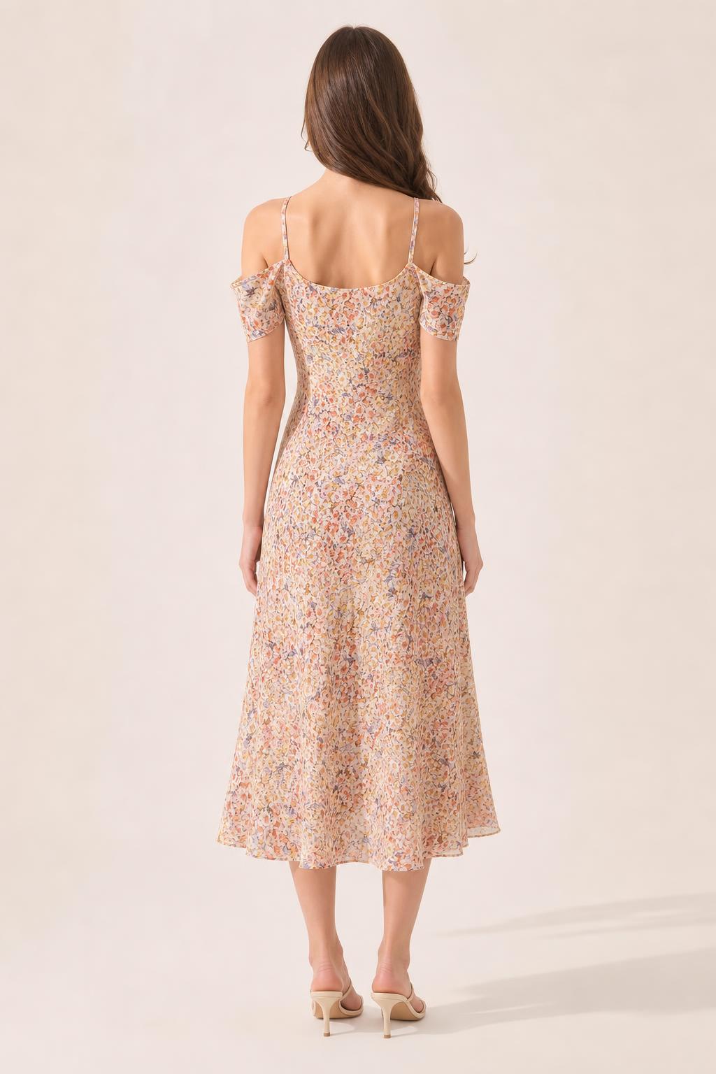 Back view of beige floral midi dress