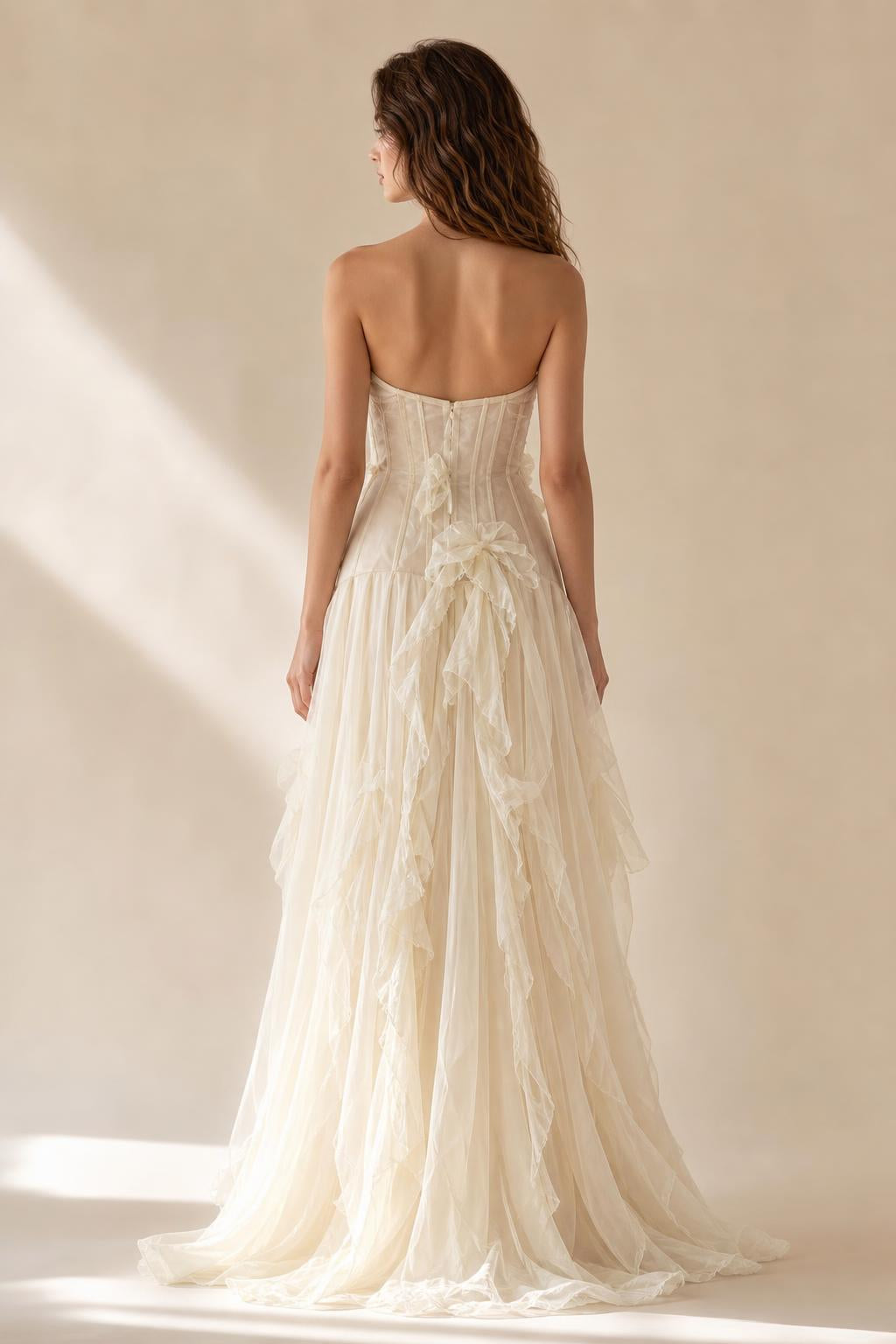 Ivory formal dress back view showing corset boning detail
