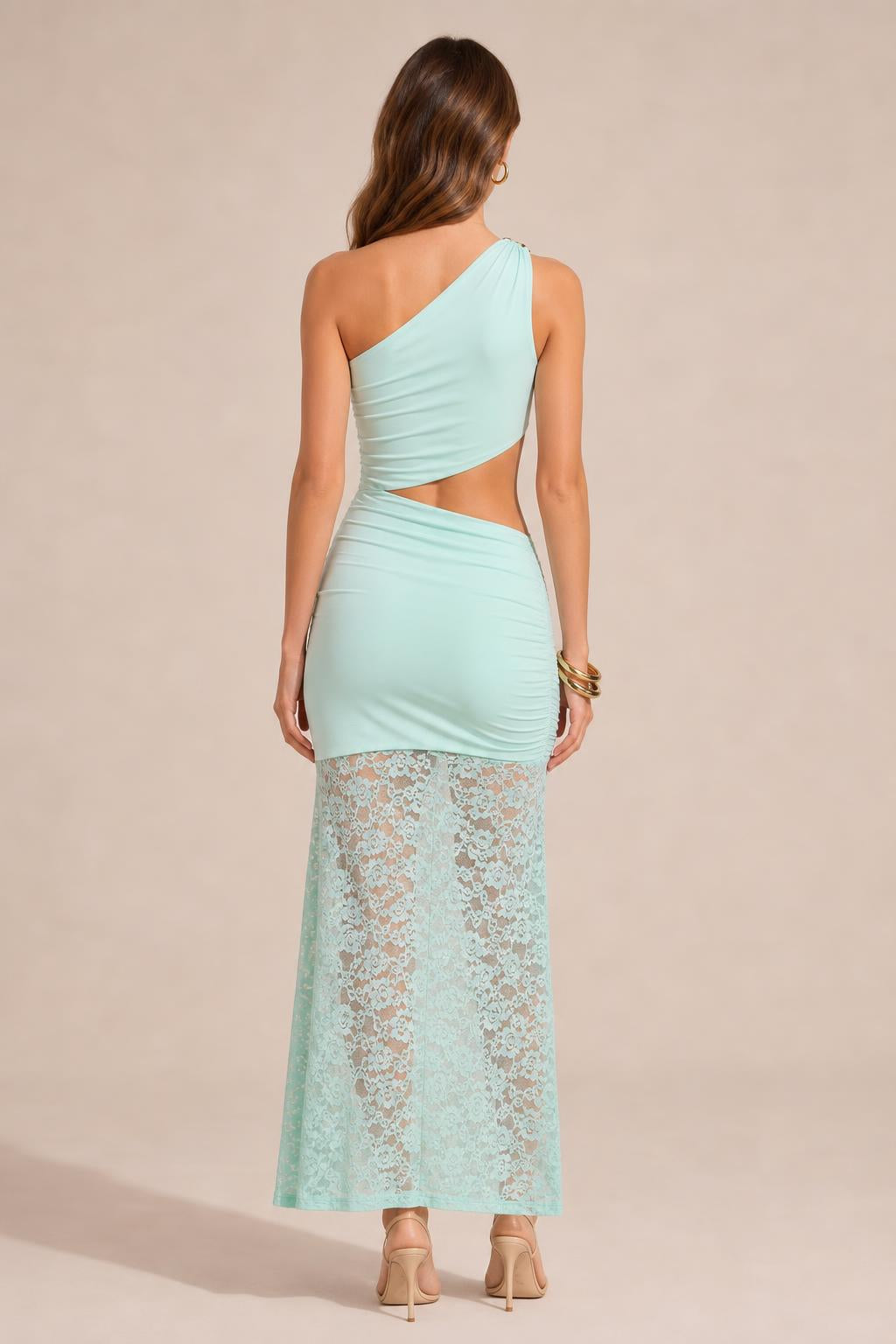 Back view of mint one-shoulder cutout lace maxi dress