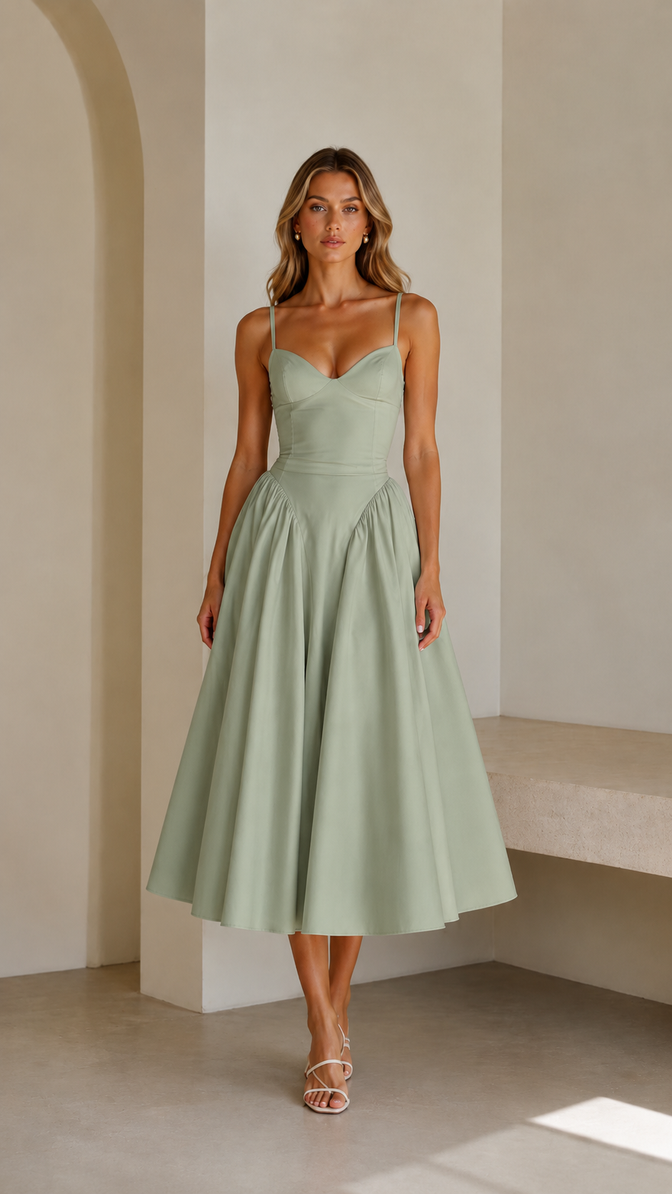 Front view of sage sweetheart neck spaghetti strap midi dress with flared midi silhouette