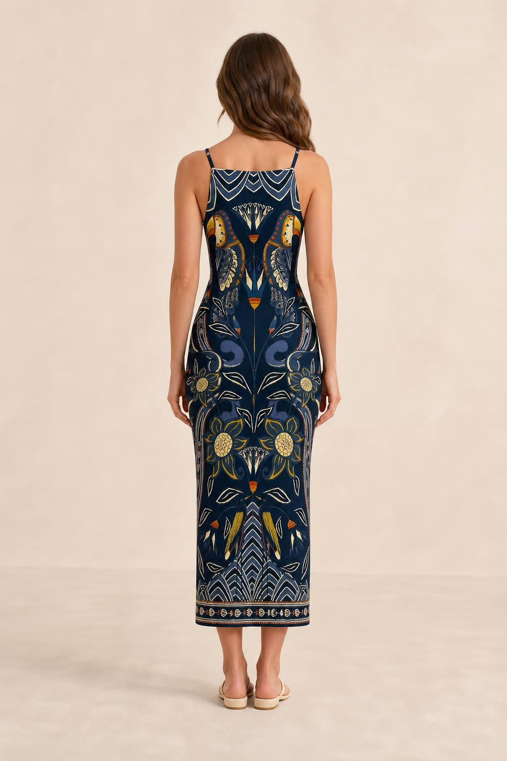 Back view of model in Navy printed midi dress