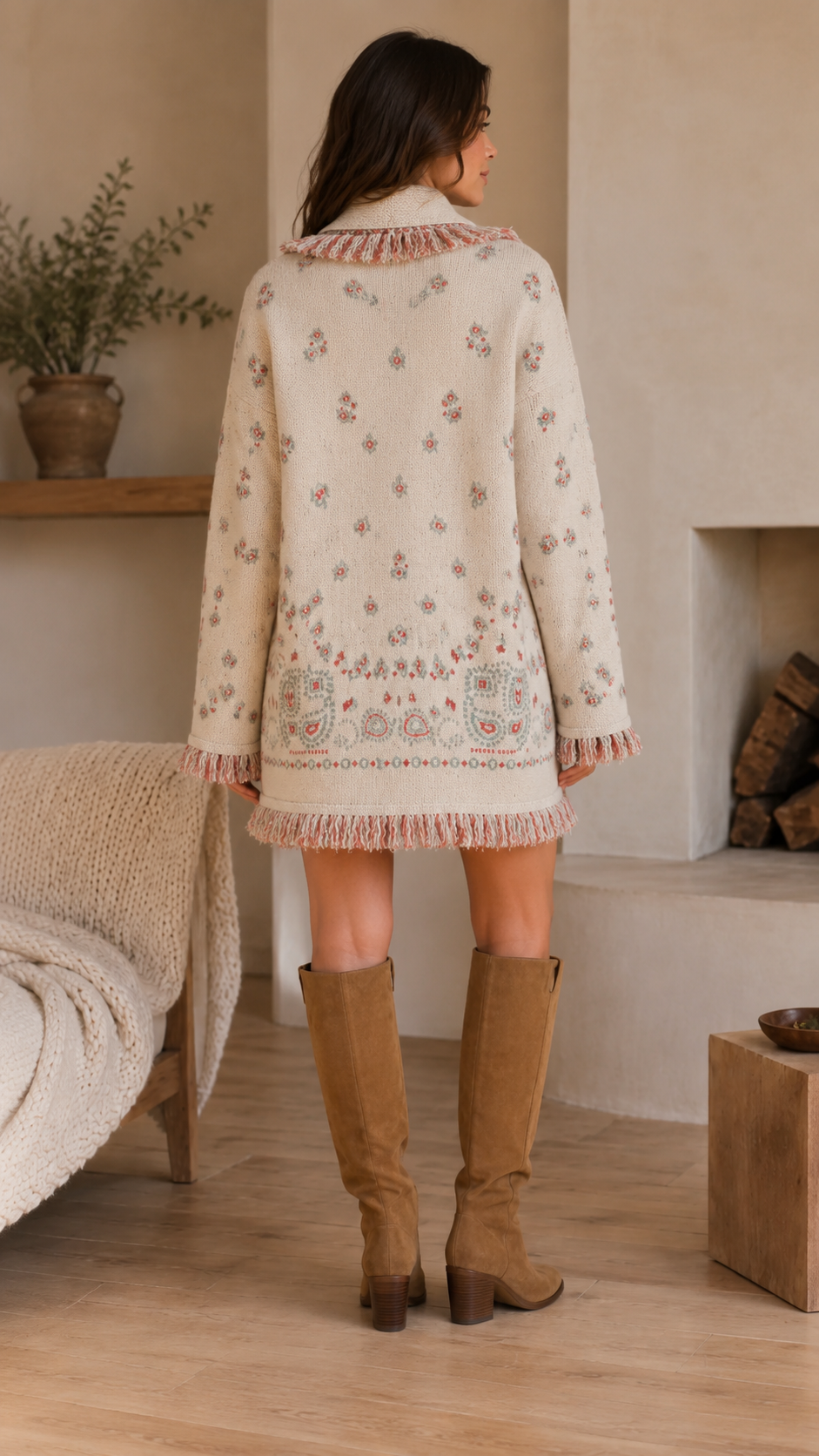Back view of cream floral knit cardigan jacket with border detail and fringe hem