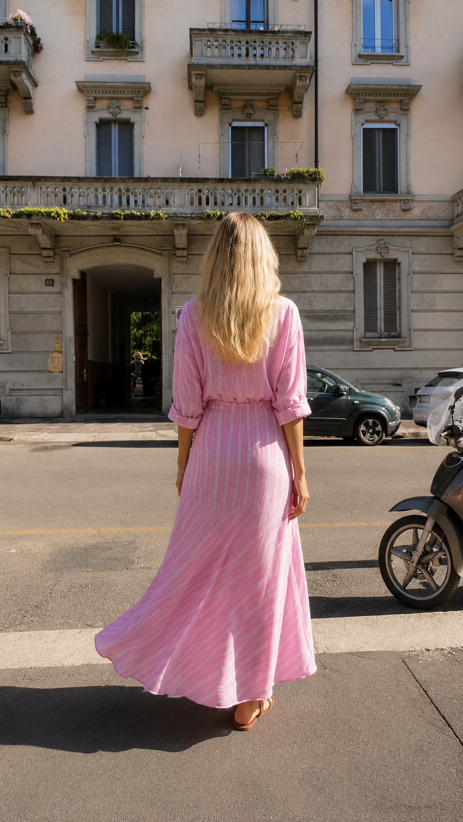 Back view of pink striped maxi shirt dress with long sleeves and flared hem