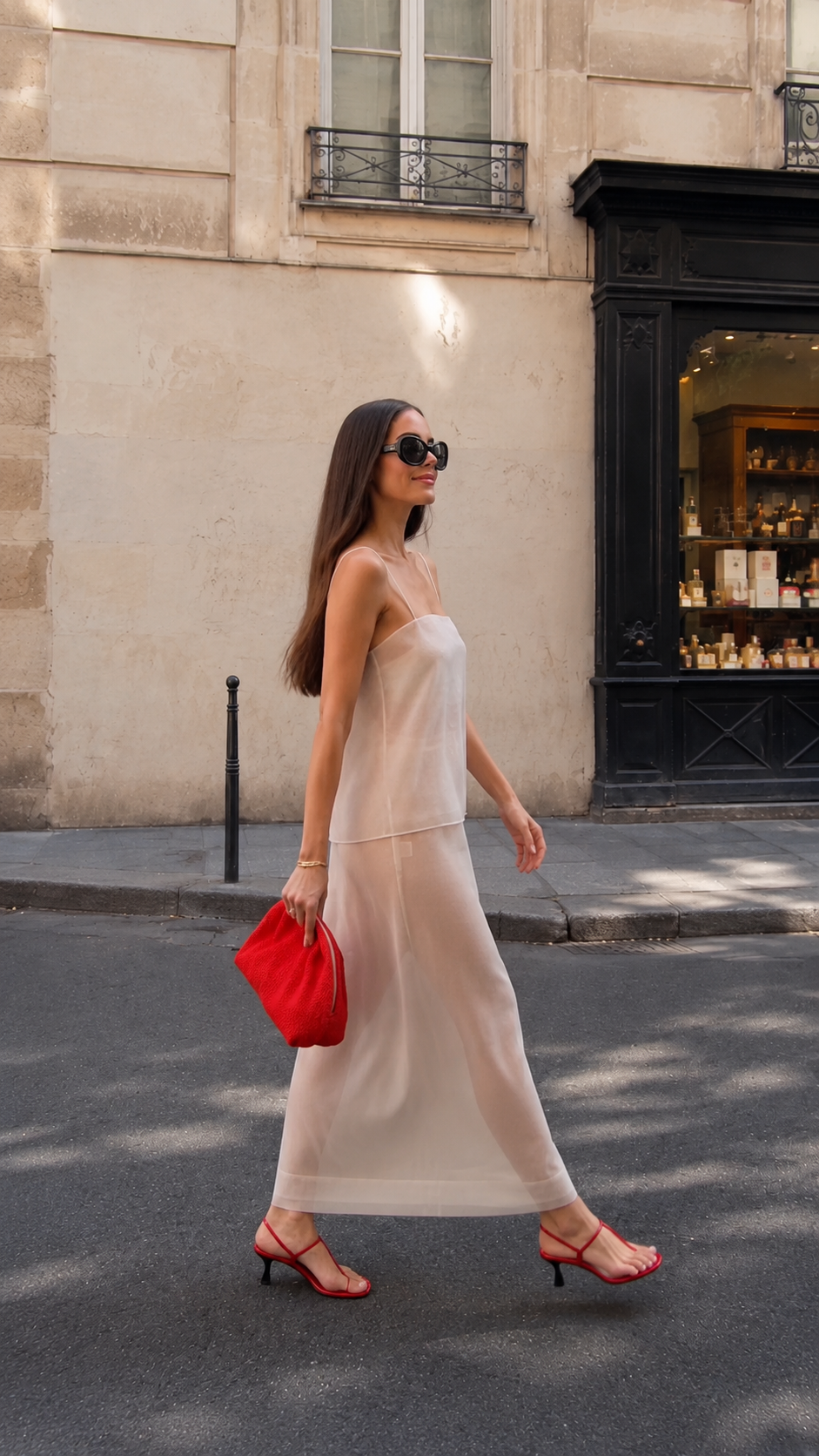 Side view of champagne spaghetti strap maxi dress with sheer overlay
