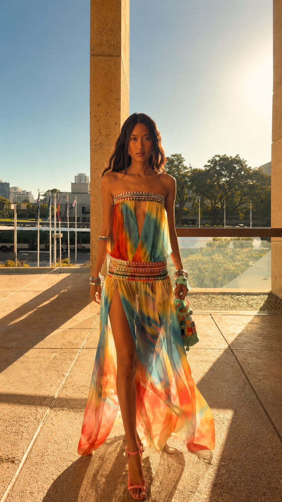 Full front view of sunset multicolor maxi dress with high slit and strapless neckline