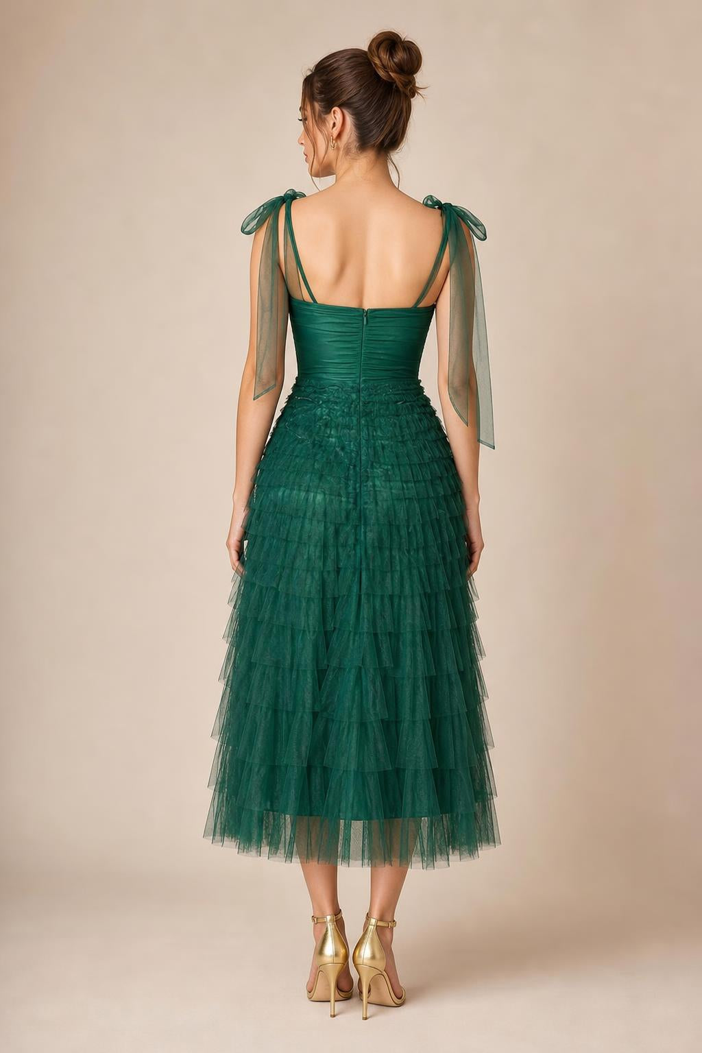 Ethereal Tiered Tulle Midi Dress in Emerald Green back view