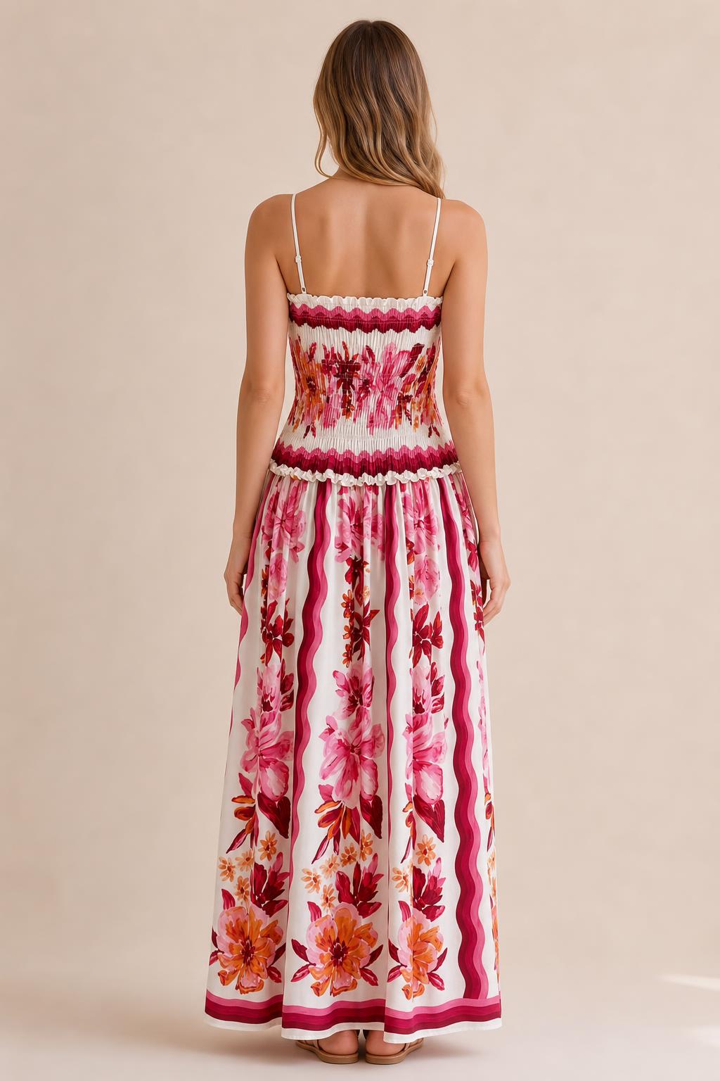 Back view of floral print maxi dress showing strap details