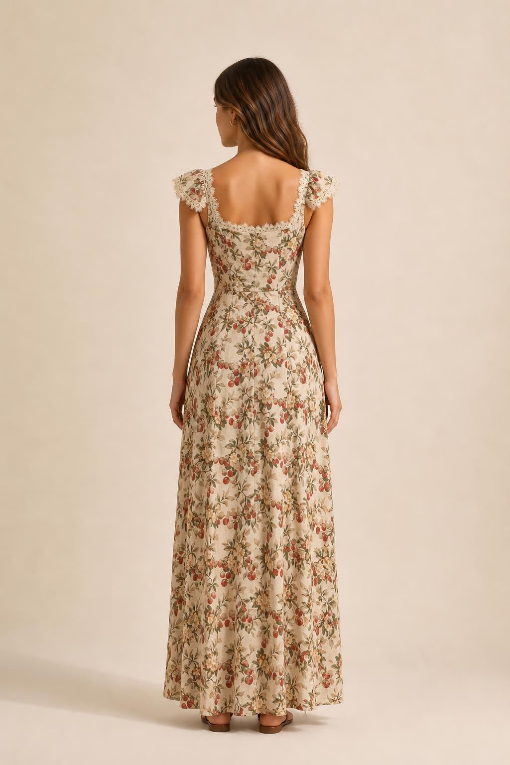 Back view of beige floral print maxi dress with square back neckline