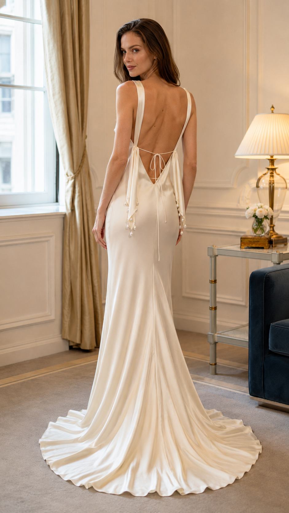 Back view of champagne open-back mermaid gown with tie detail and train