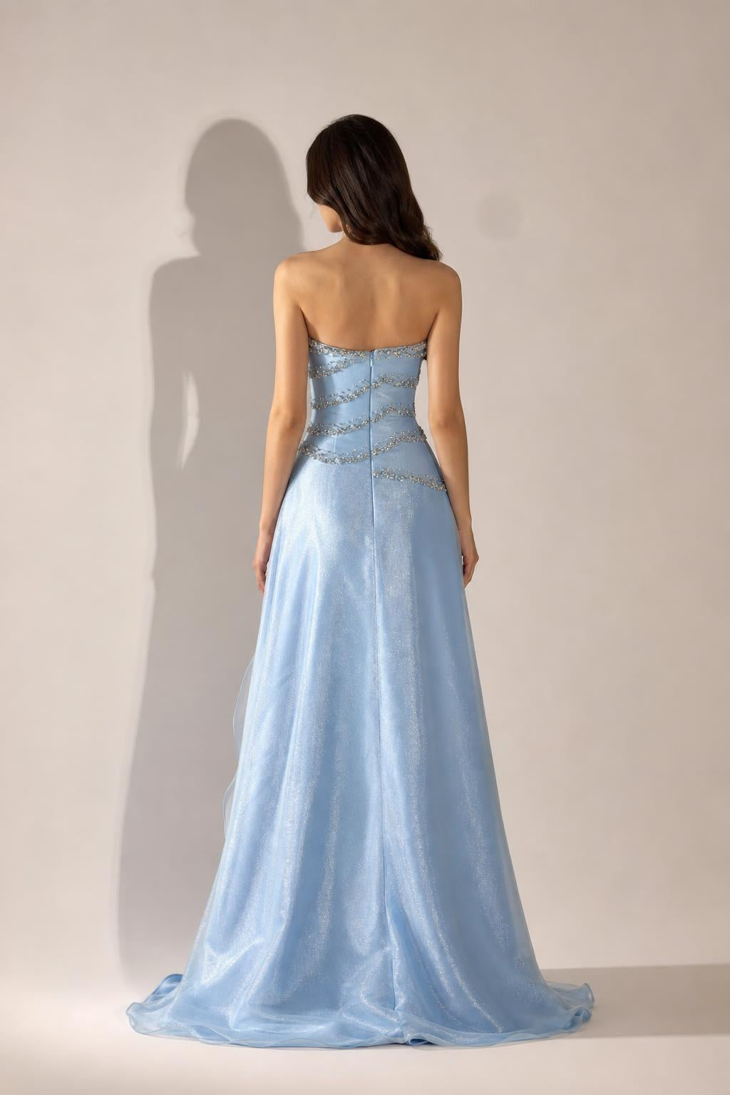 Back view of Light Blue floor-length evening dress