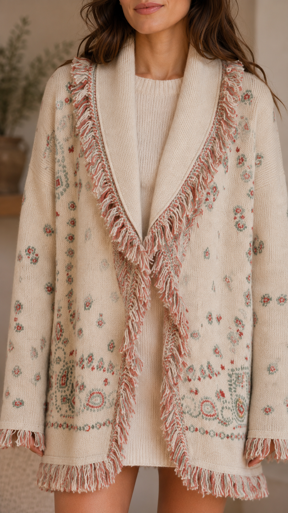 Close-up of cream cardigan showing shawl collar, floral knit pattern, and fringe trim