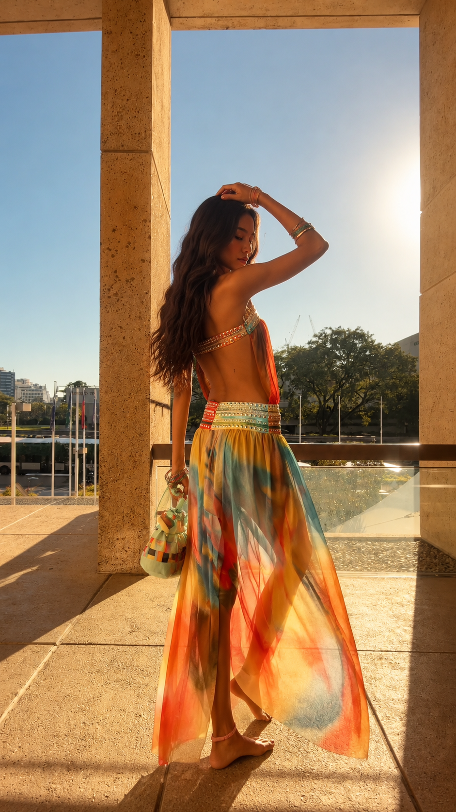 Side-back view of sunset multicolor flowing maxi dress with open back