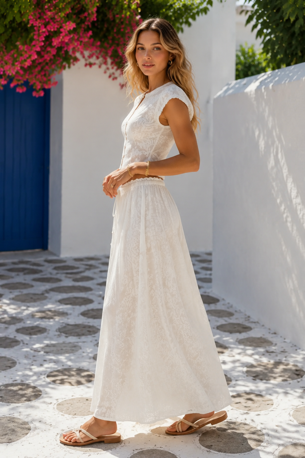 White lace-look crop top and maxi skirt two-piece set side view