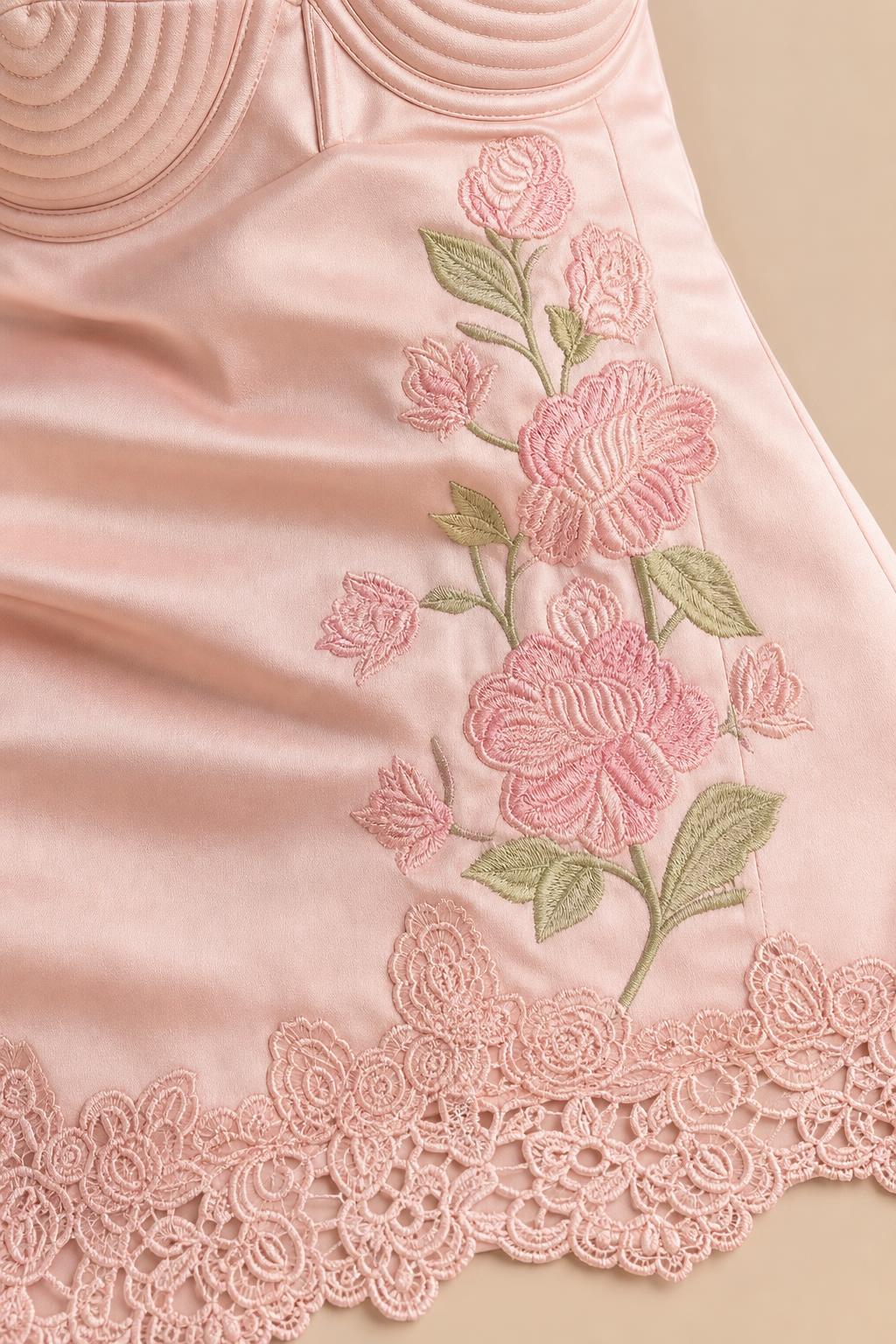 Close-up detail of floral embroidery and lace hem on satin dress