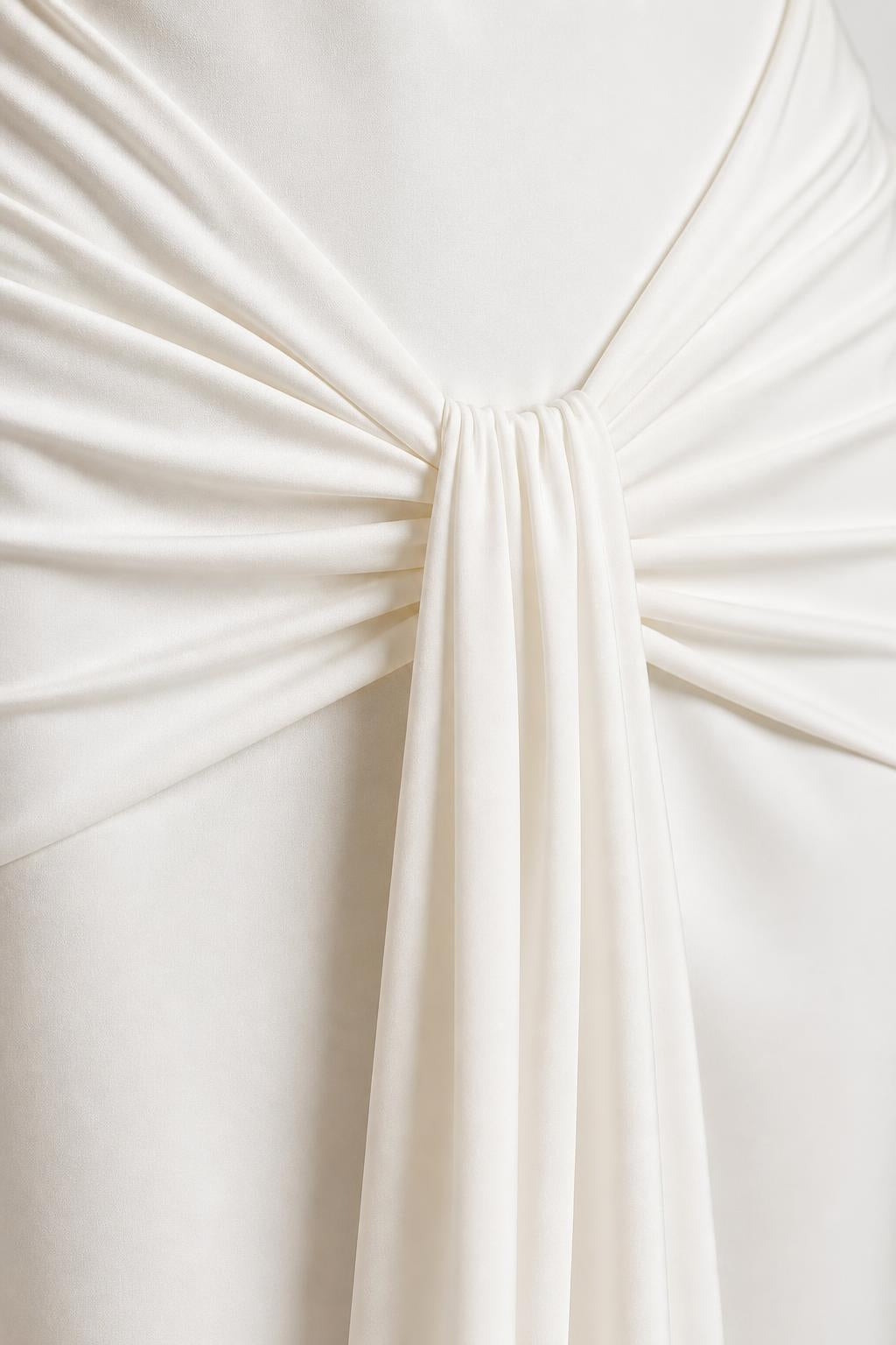 Close-up detail of front waist knot and draping on white dress