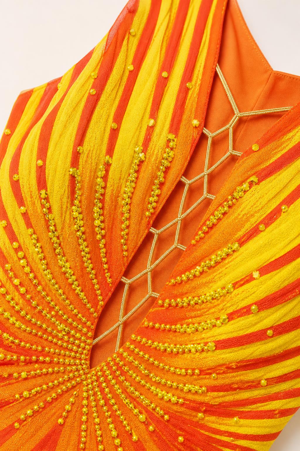 Close-up detail of bodice beading and lace-up front