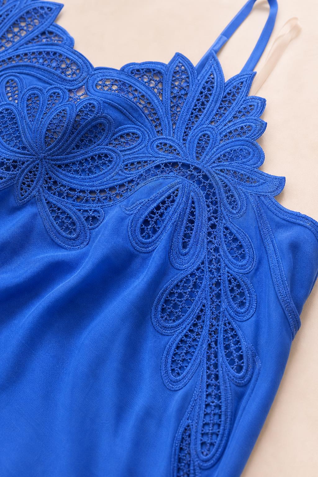 Close-up detail of embroidered lace bodice on Royal Blue dress