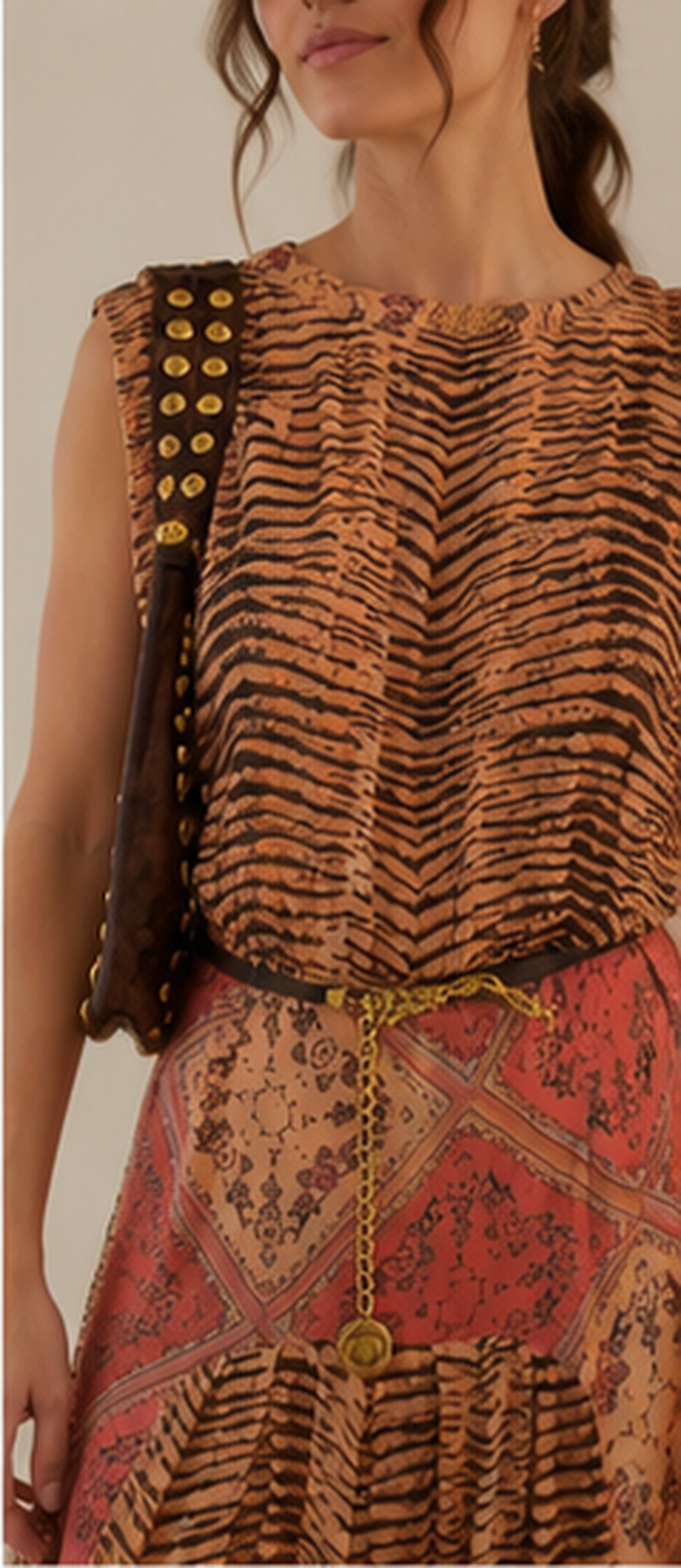 Close-up detail of the round neckline, sleeveless cut, and mixed-print fabric