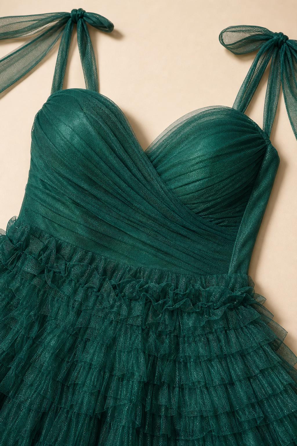 Close-up detail of sweetheart bodice and tie straps in Emerald Green