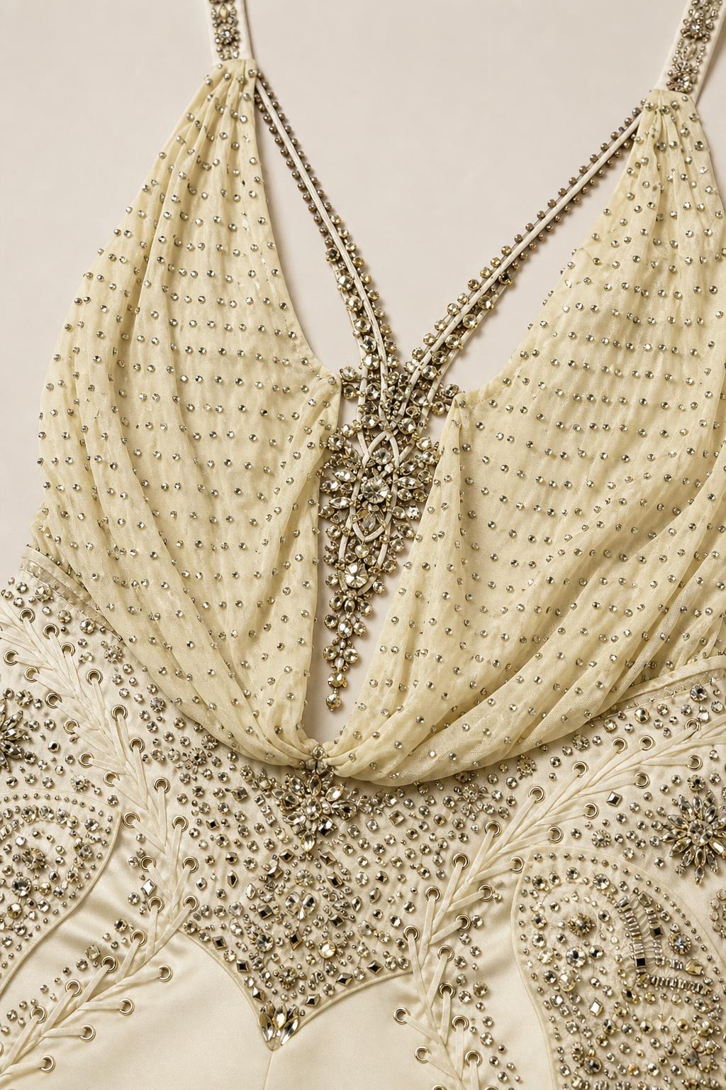 Close-up of intricate bodice beadwork and embroidery