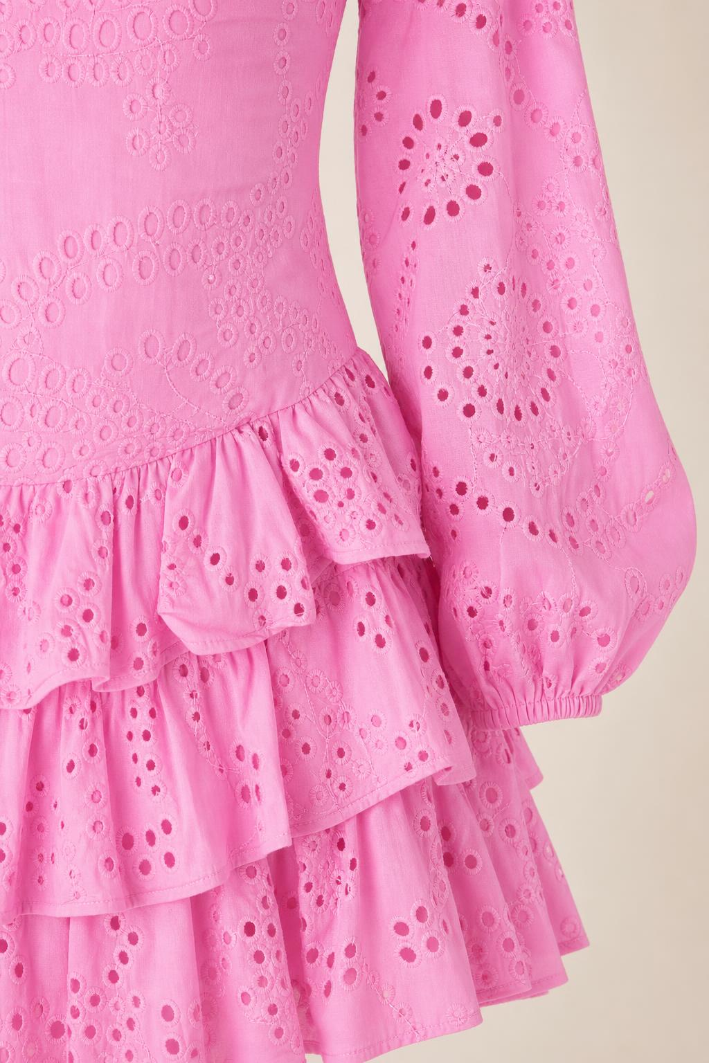 Close-up detail of eyelet pattern and ruffle layers