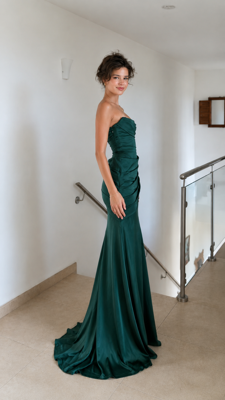 Side view of emerald satin-look strapless floor-length dress