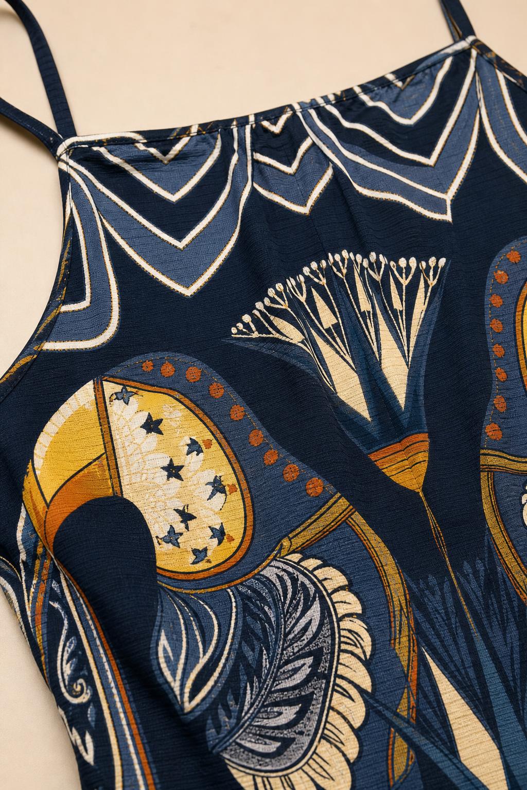 Close up detail of fabric pattern and spaghetti strap on Navy dress