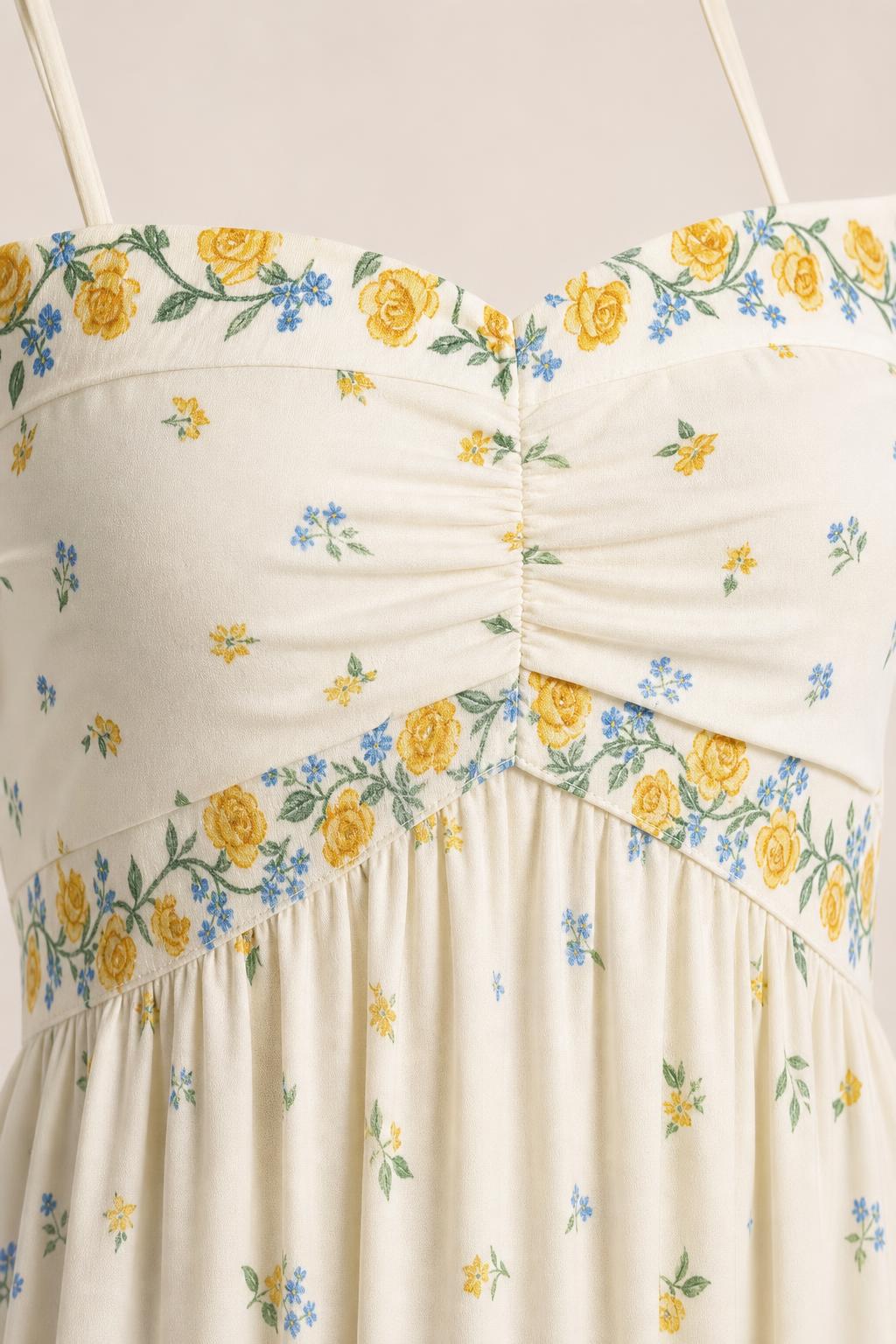Close-up of ruched sweetheart neckline and floral print