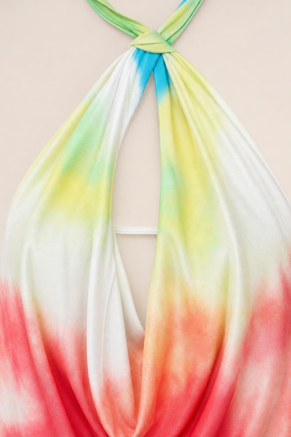 Close-up detail of halter neckline and keyhole cutout